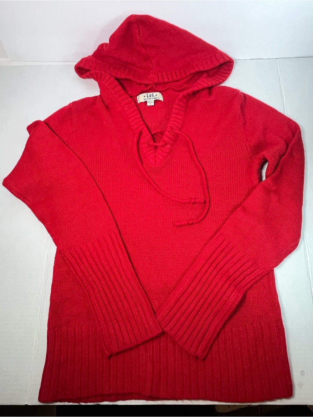 lei Red V-Neck Hooded Knit Sweater